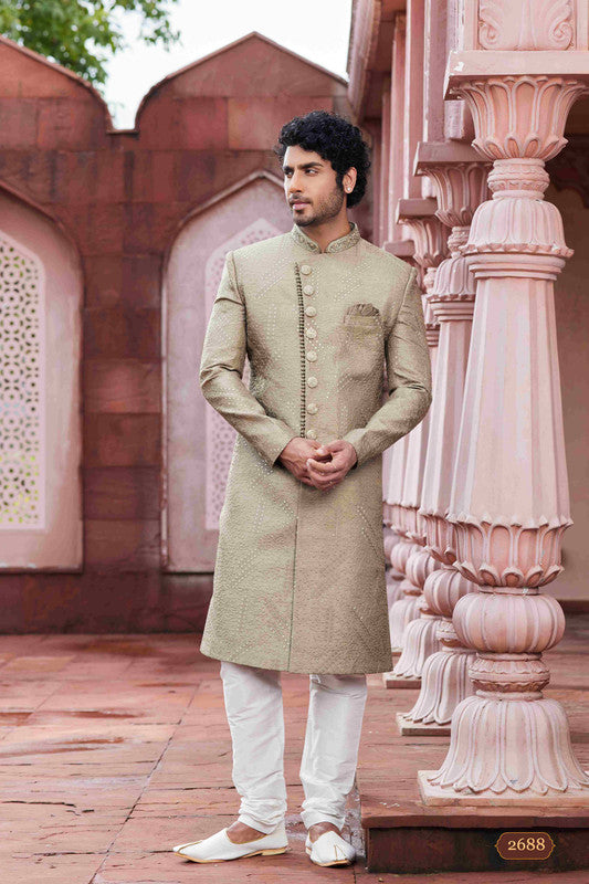Men's Light Green Art Silk Thread Work Sherwani Set