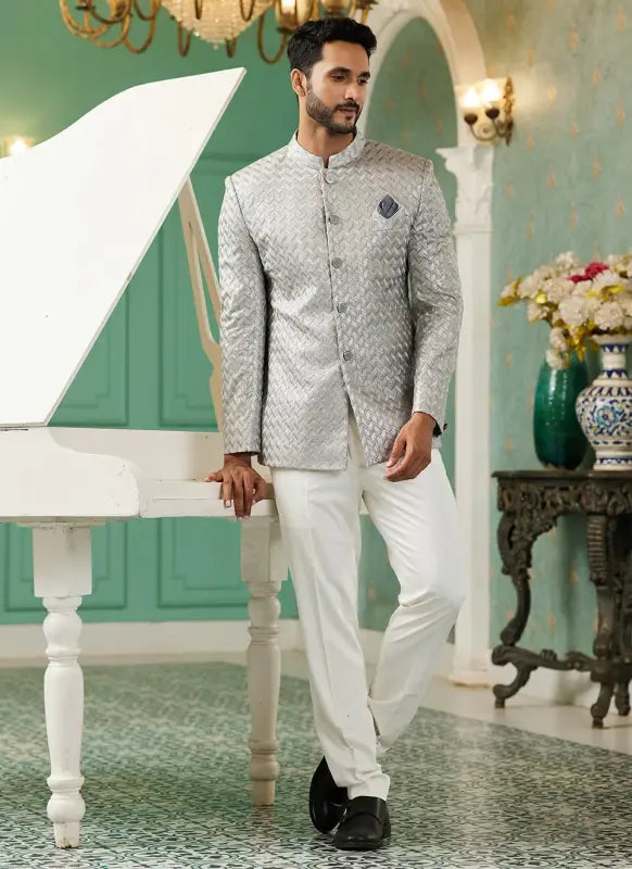 Men's Light Grey Art Silk Thread Work Jodhpuri Jacket