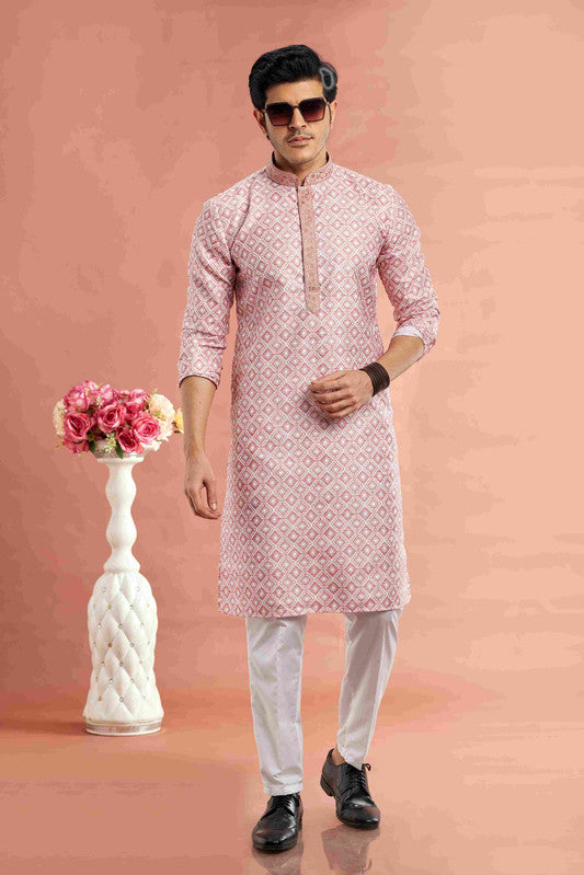 Men's Light Pink Cotton Thread Work Collar Neck Pajama Set