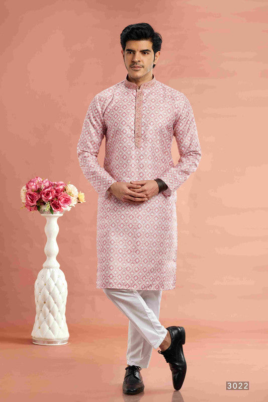 Men's Light Pink Cotton Thread Work Collar Neck Pajama Set