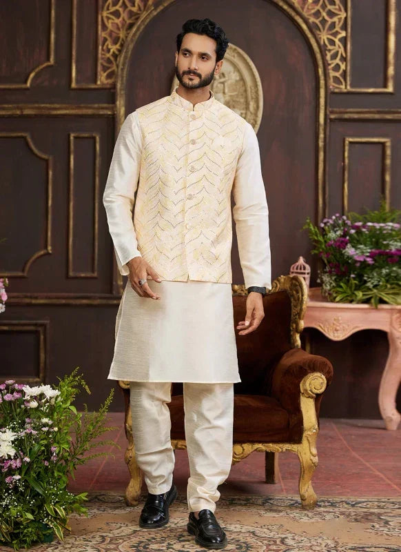 Men's Light Yellow Art Silk Digital Print Jacket Set