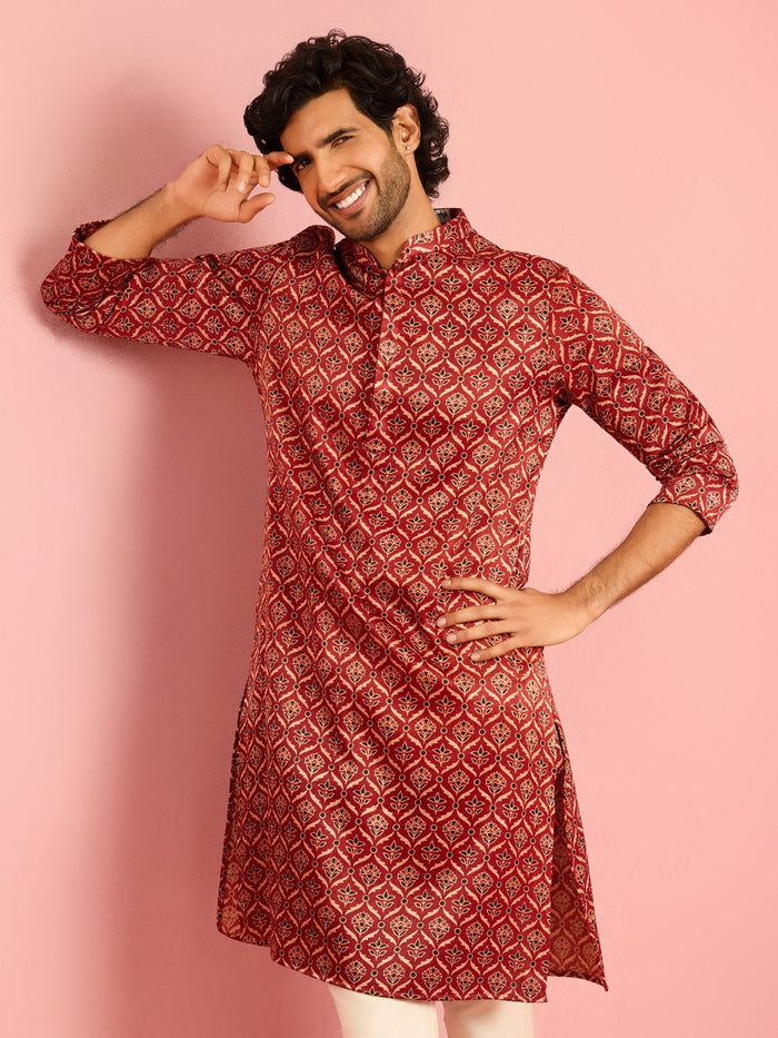 Men's Maroon Ajrak Silk Blend Kurta