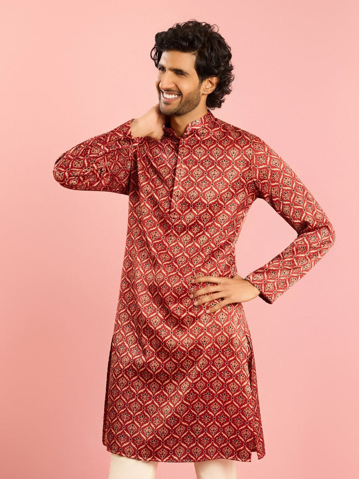 Men's Maroon Ajrak Silk Blend Kurta