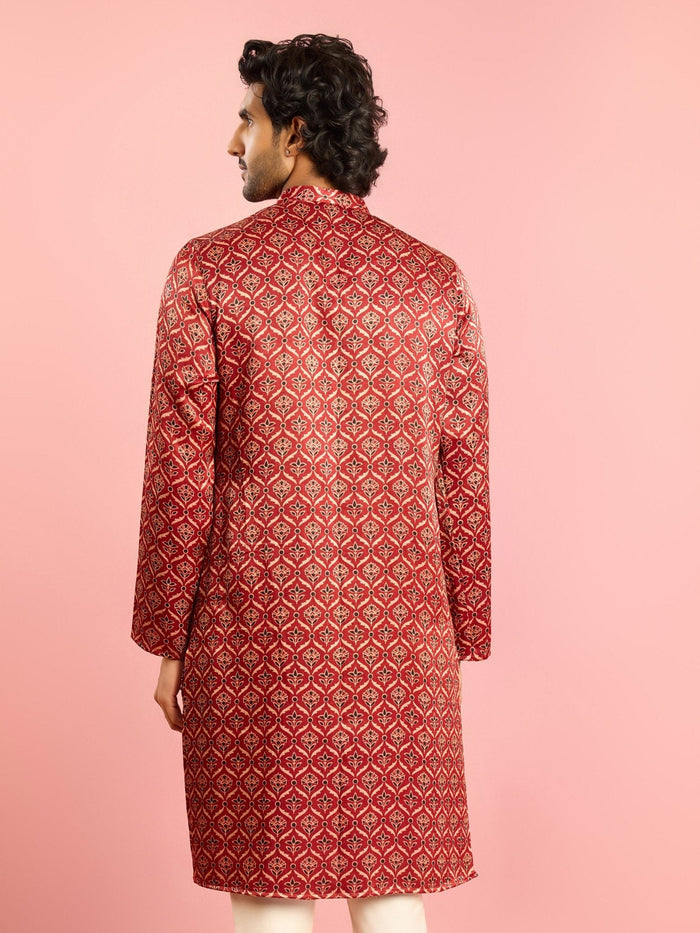 Men's Maroon Ajrak Silk Blend Kurta