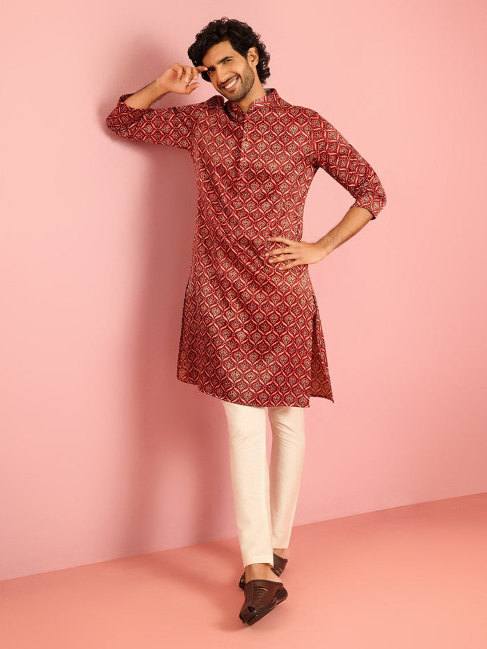 Men's Maroon Ajrak Silk Blend Kurta