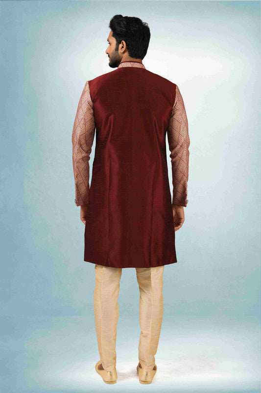 Men's Maroon Art Silk Printed Work Indo Western Set