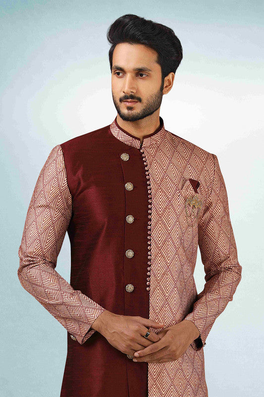 Men's Maroon Art Silk Printed Work Indo Western Set