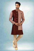 Men's Maroon Art Silk Printed Work Indo Western Set
