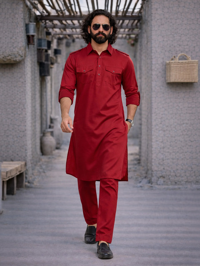 Men's Maroon Cotton Pathani Suit Set