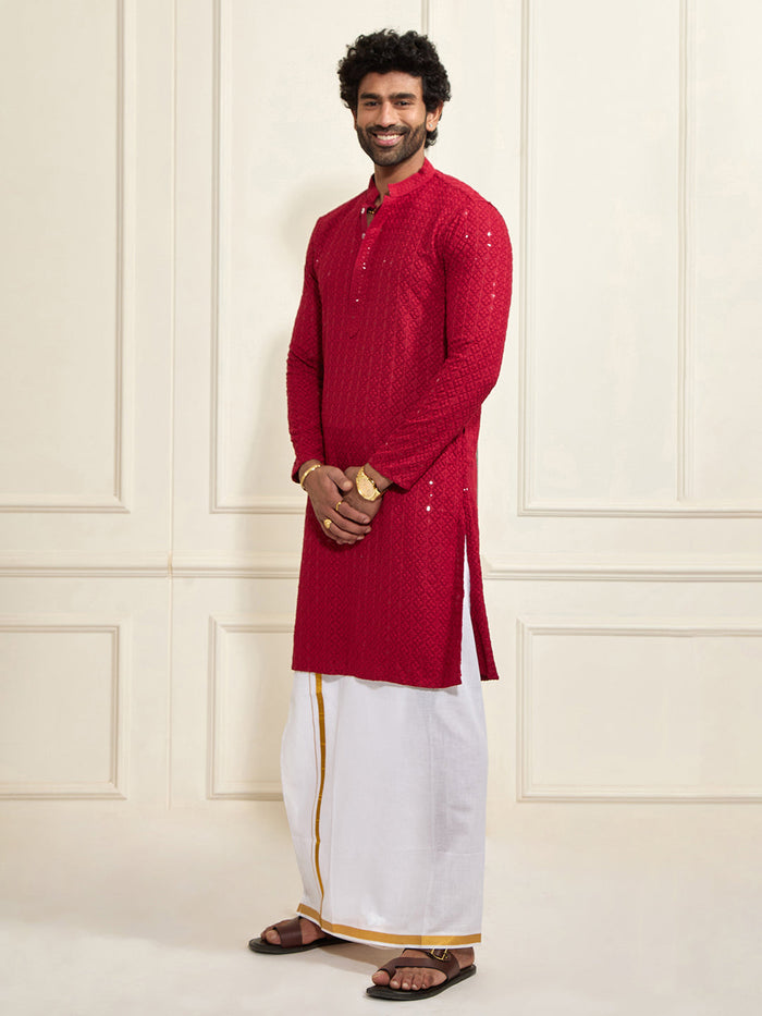 Men's Maroon Rayon Cotton Kurta