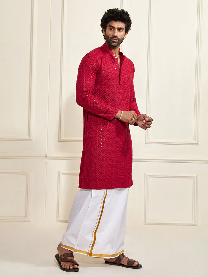 Men's Maroon Rayon Cotton Kurta