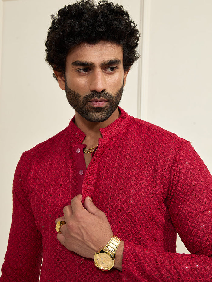 Men's Maroon Rayon Cotton Kurta