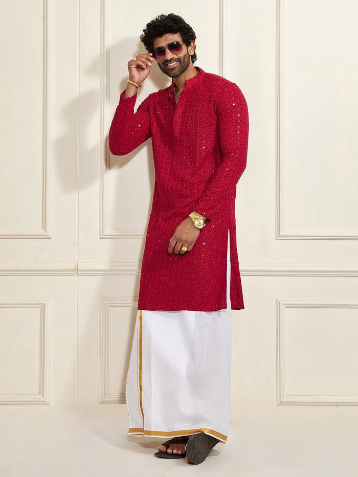 Men's Maroon Rayon Cotton Kurta