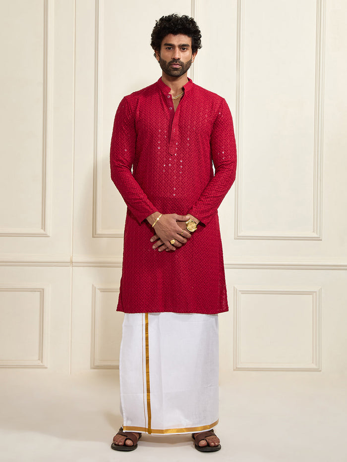 Men's Maroon Rayon Cotton Kurta