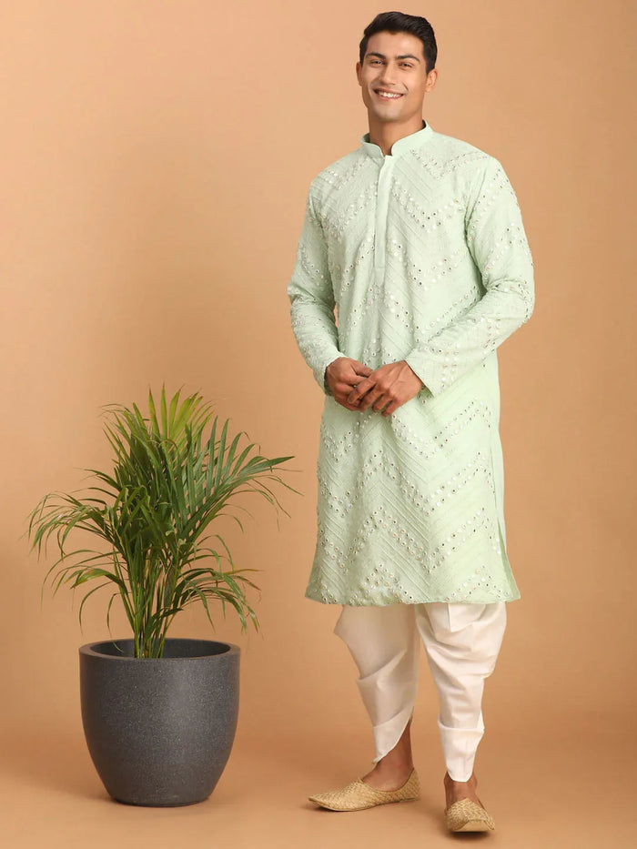 Men's Mint Green Mirror Kurta Dhoti Set