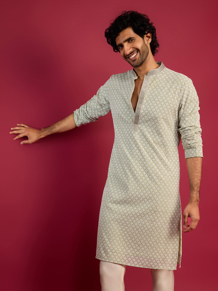 Men's Mint Green Thread Embroidered Faux Georgette Long Kurta
