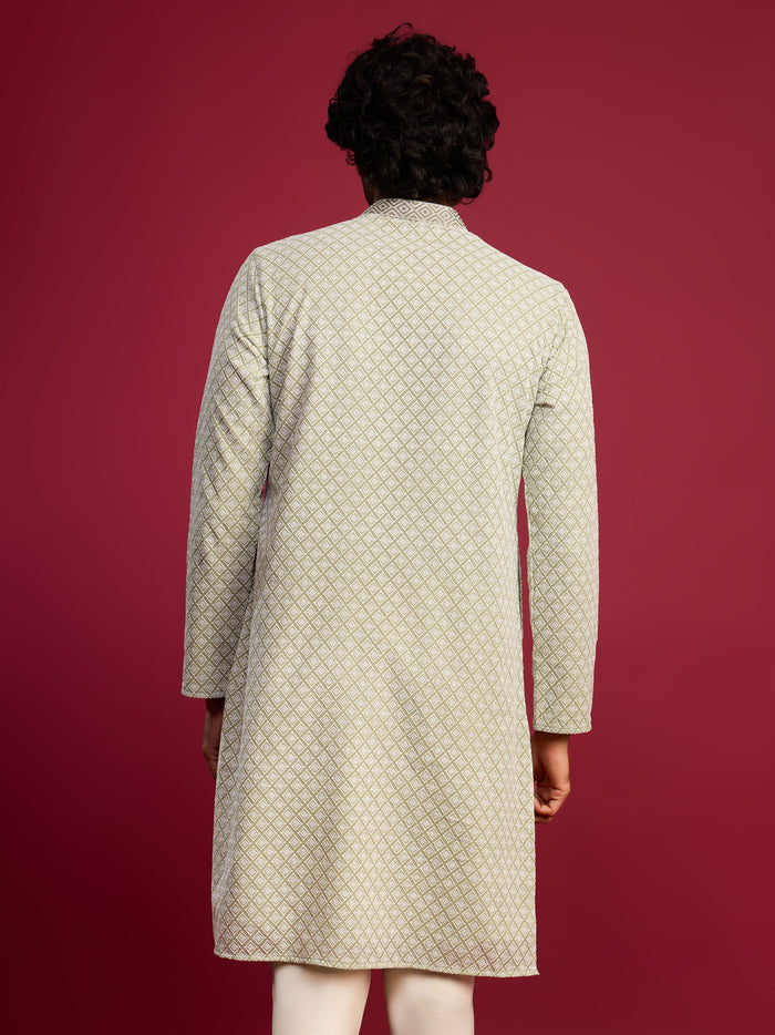 Men's Mint Green Thread Embroidered Faux Georgette Long Kurta