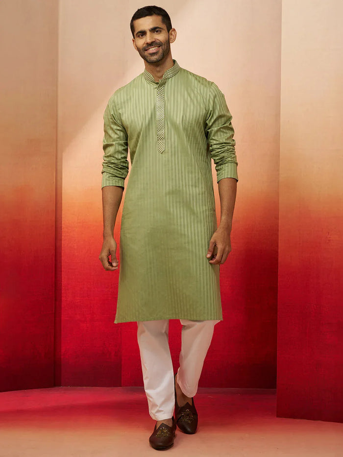 Men's Mint Green Thread Embroidered Kurta with Pyjama
