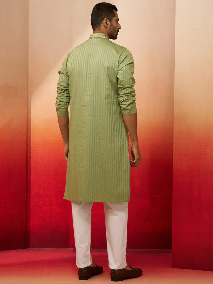 Men's Mint Green Thread Embroidered Kurta with Pyjama