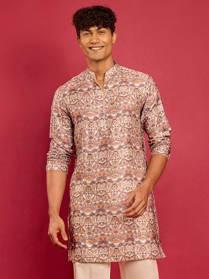 Men's Multi Colour Silk Blend Digital & Foil Print Long Kurta