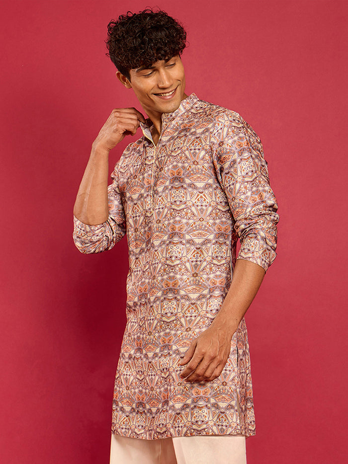 Men's Multi Colour Silk Blend Digital & Foil Print Long Kurta