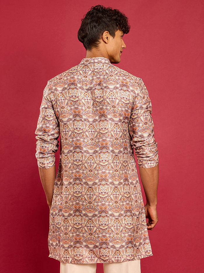 Men's Multi Colour Silk Blend Digital & Foil Print Long Kurta