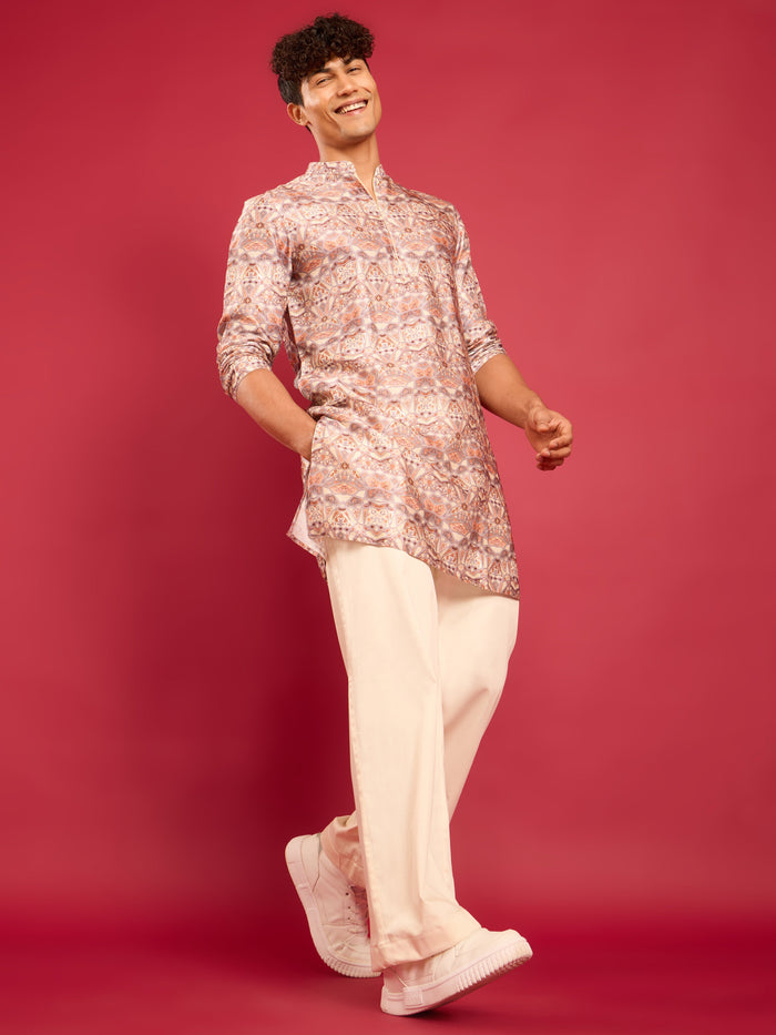 Men's Multi Colour Silk Blend Digital & Foil Print Long Kurta