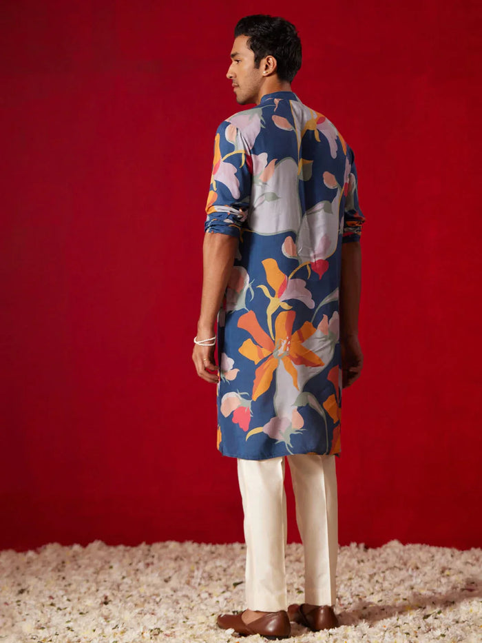 Men's Multicolor Base Blue Cotton Printed Kurta Pant Set