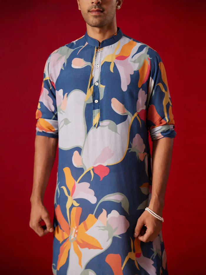 Men's Multicolor Base Blue Cotton Printed Kurta Pant Set