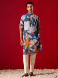 Men's Multicolor Base Blue Cotton Printed Kurta Pant Set