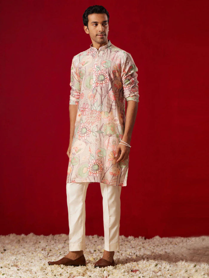 Men's Multicolor Base Peach Cotton Printed Kurta Pant Set