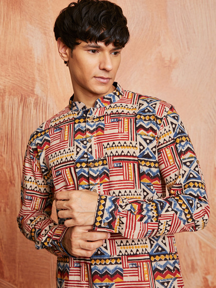 Men's Multicolor Block Print Cotton Kurta & Pyjama Set