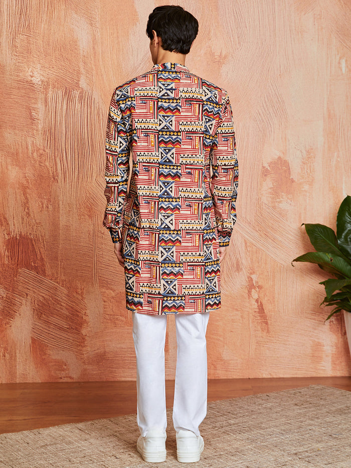 Men's Multicolor Block Print Cotton Kurta & Pyjama Set