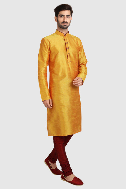 Men's Mustard Art Silk Solid Kurta Pajama Set
