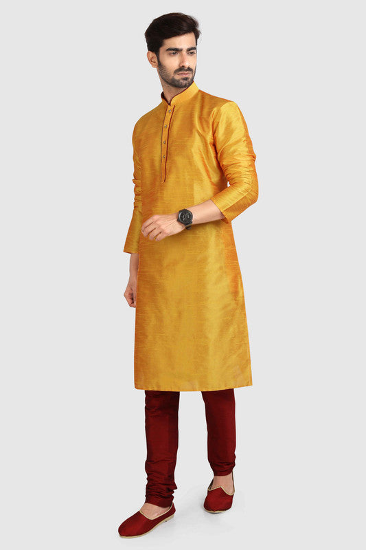 Men's Mustard Art Silk Solid Kurta Pajama Set