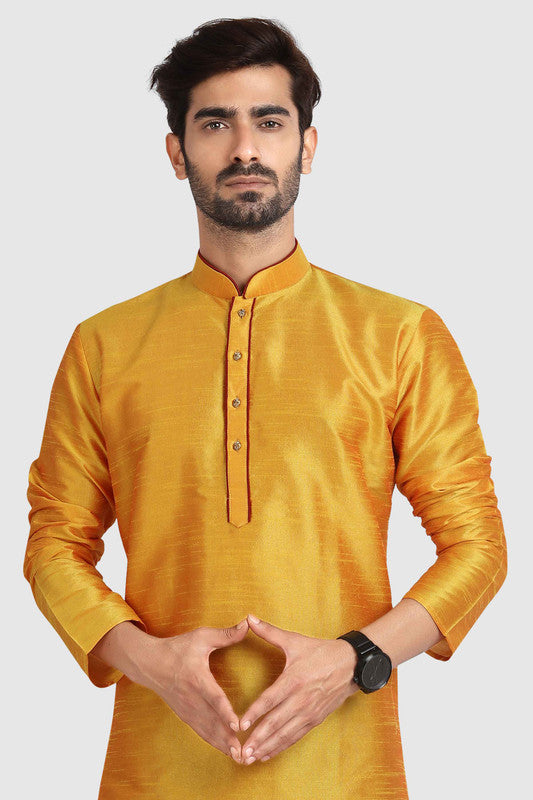 Men's Mustard Art Silk Solid Kurta Pajama Set