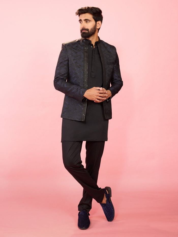Men's Navy Blue Sequin Jodhpuri with Black Solid Satin Kurta & Pant Pyjama