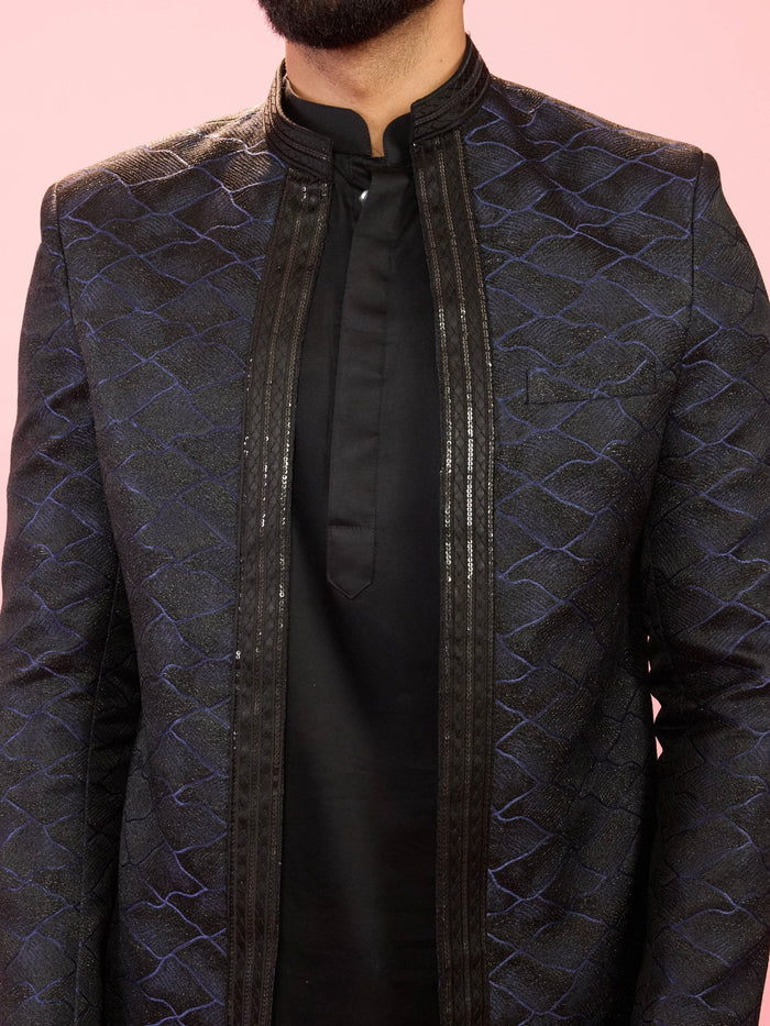 Men's Navy Blue Sequin Jodhpuri with Black Solid Satin Kurta & Pant Pyjama