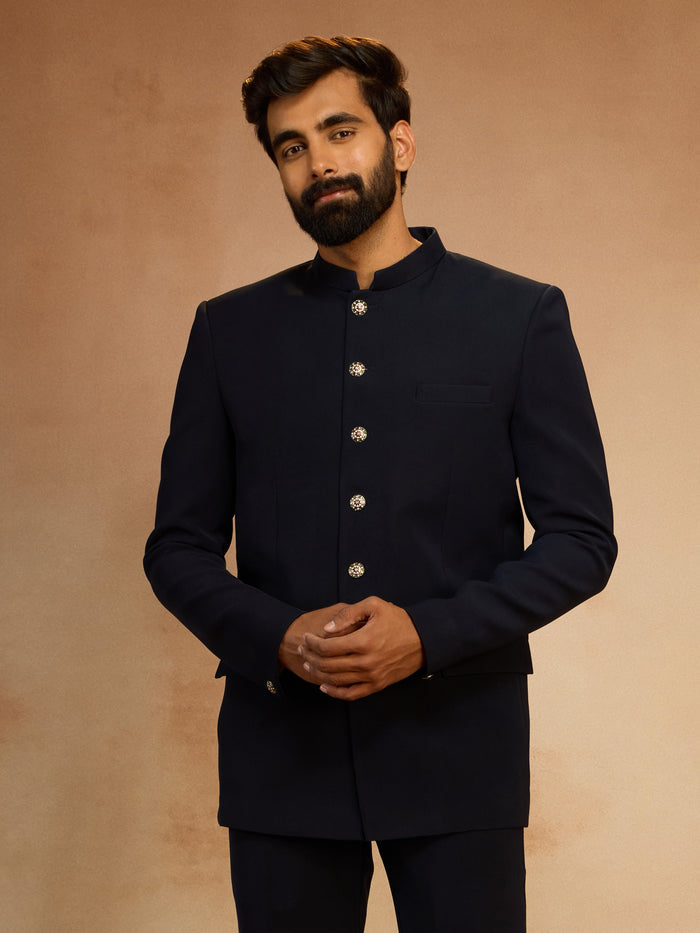 Men's Navy Blue Solid Imported Suiting Jodhpuri Suit
