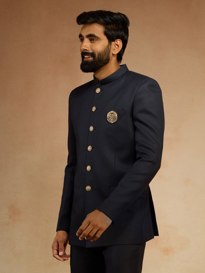 Men's Navy Blue Solid Jodhpuri Suit with Brooch Detail in Imported Suiting Lycra