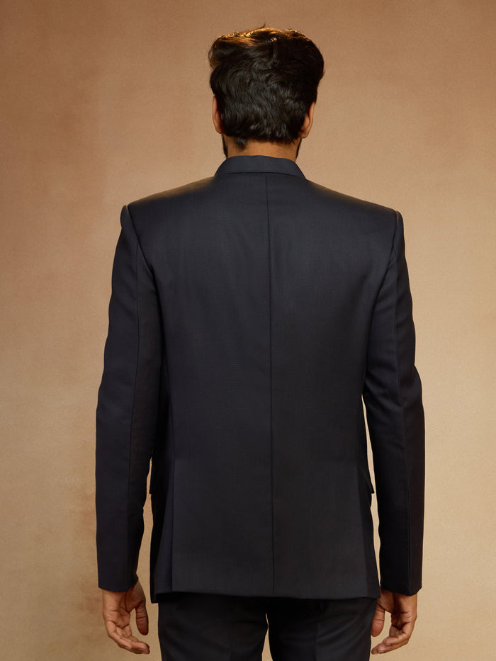 Men's Navy Blue Solid Jodhpuri Suit with Brooch Detail in Imported Suiting Lycra