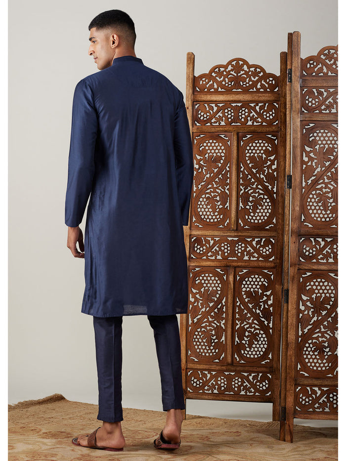 Men's Navy Blue Viscose Kurta With Pant Set