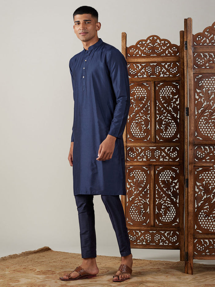 Men's Navy Blue Viscose Kurta With Pant Set