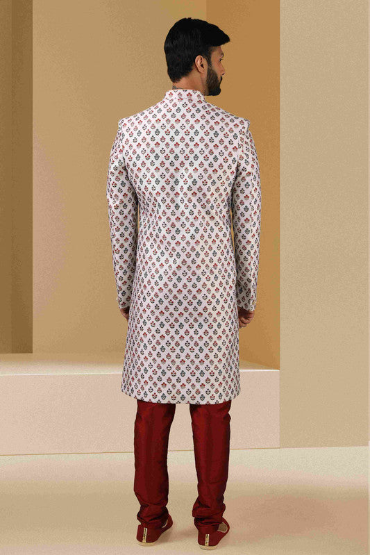 Men's Off White Art Banarasi Digital Printed Sherwani Set