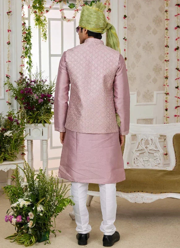 Men's Onion Art Silk Embroidery Work Jacket Set