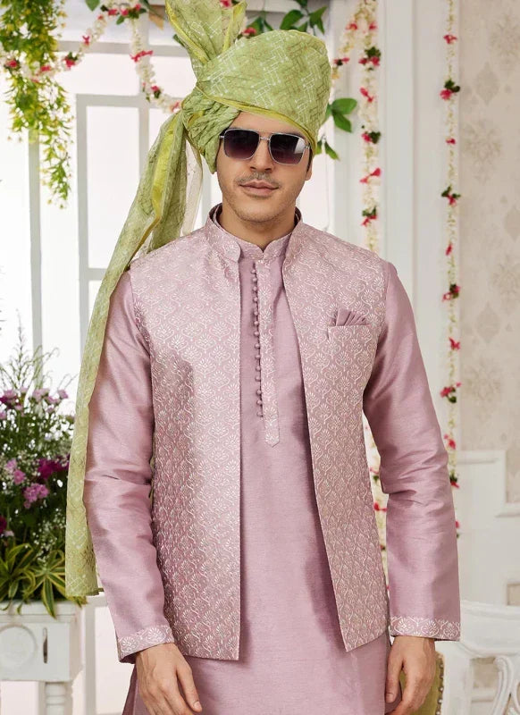 Men's Onion Art Silk Embroidery Work Jacket Set