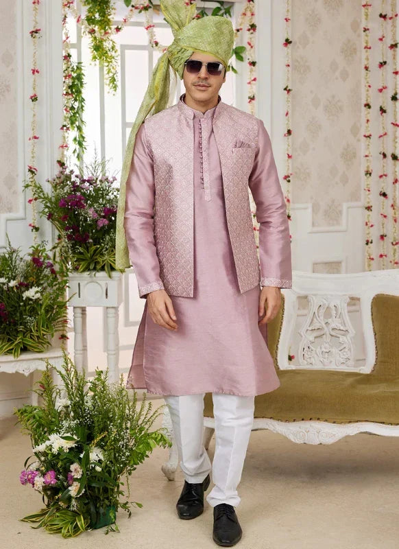 Men's Onion Art Silk Embroidery Work Jacket Set