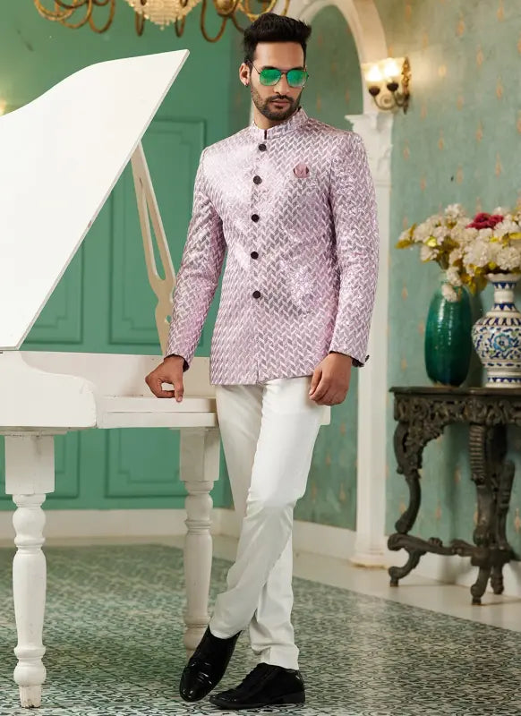 Men's Onion Pink Art Silk Thread Work Jodhpuri Jacket