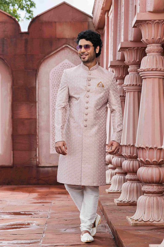 Men's Onion Pink Art Silk Thread Work Sherwani Set