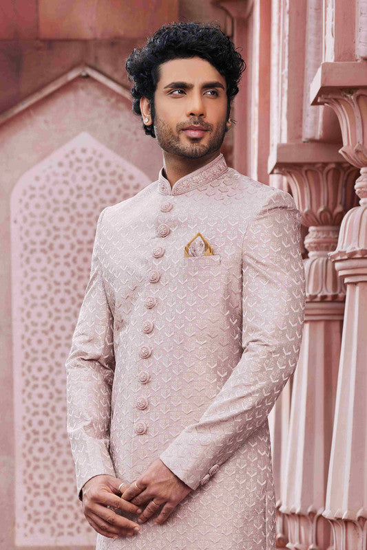 Men's Onion Pink Art Silk Thread Work Sherwani Set